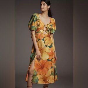 FARM Rio Linen Blend Short-Sleeve Cutout Midi Dress 🎡 NWT SIZE: S